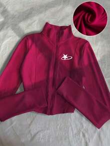 Chaqueta ligera con estampado de polo para mujer, abrigo casual de calle deportivo con cremallera, ajuste delgado de manga larga, otoño - Burdeos 2 - Ver 8