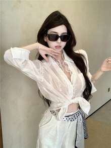 Áo blouse tay dài cài nút trước phối ren tương phản phong cách Old Money thanh lịch cho phụ nữ trưởng thành, màu trắng - trắng - Xem 2