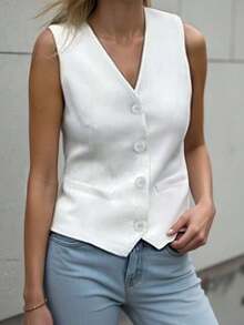 Chaqueta sin mangas minimalista y sencilla para mujer para usar a diario en otoño - Blanco - Ver 7
