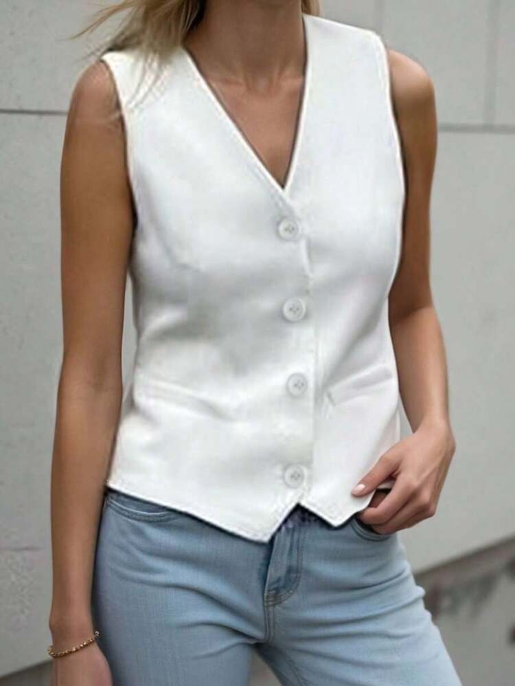 Chaqueta casual de mujer sin mangas de unicolor para vacaciones - Blanco - Añade 7