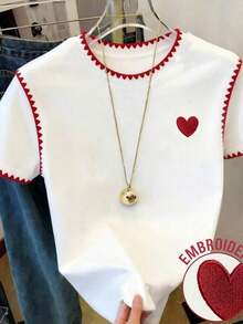 Camiseta gráfica para mujer, nuevo diseño de verano, blanca con bordado de corazón rojo y diente de perro, para uso al aire libre, estilo callejero, uso casual, citas, camiseta de manga corta para mujer - Blanco 3 - Ver 6