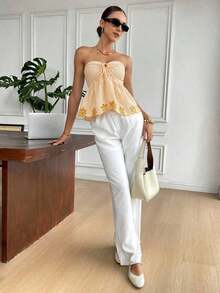 Top camisole de mujer con estampado, bordado y rayas, ideal para vacaciones con lazo delantero - Amarillo - Ver 3