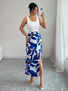 Vestido elegante y ajustado para mujer con estampado total y abertura hasta el muslo - Multicolor - Ver 3