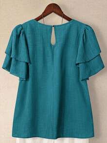 Linhara Blusa casual de verano de talla grande para mujer, de unicolor, cuello redondo, manga corta de doble capa, plisada, de moda versátil para vacaciones - Agua verde azul - Ver 2