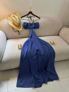 Vestido midi de estilo vacacional para mujer, vestido con tirantes de espagueti, estampado, espalda descubierta y calado, elegante para fiestas de verano - Azul - Ver 1