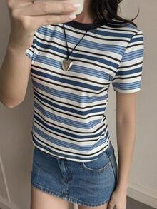 Camiseta de mujer de manga corta, cuello redondo y rayas, informal, para otoño - Azul y blanco - Ver 6
