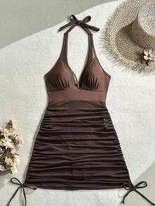 Swim Vcay Vestido de baño texturizado sin aros, negro sólido, para mujer, ideal para vacaciones de primavera, fiestas casuales de verano y playas - Marrón - Ver 3