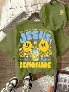 [% Cotton] TaggedThreads Jesus Lemonade T-Shirt, But My Jesus Is Making Lemonade, Women's Graphic Tee, Casual Short Sleeve Crew Neck T-Shirt, Comfortable Summer, Autumn And Winter Styles - Unisex Everyday Wear For Women And Men For Campus - 綠色 - 查看 8
