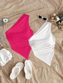 2 piezas de blusas de verano para mujer con dobladillo asimétrico y tirantes, color negro y rojo, adecuado para el verano - Multicolor 5 - Ver 1
