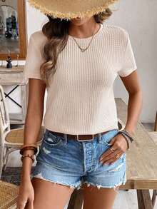 de manga corta para la primavera y el verano con cuello redondo y unicolor en tela texturizada para uso casual - Albaricoque - Ver 4