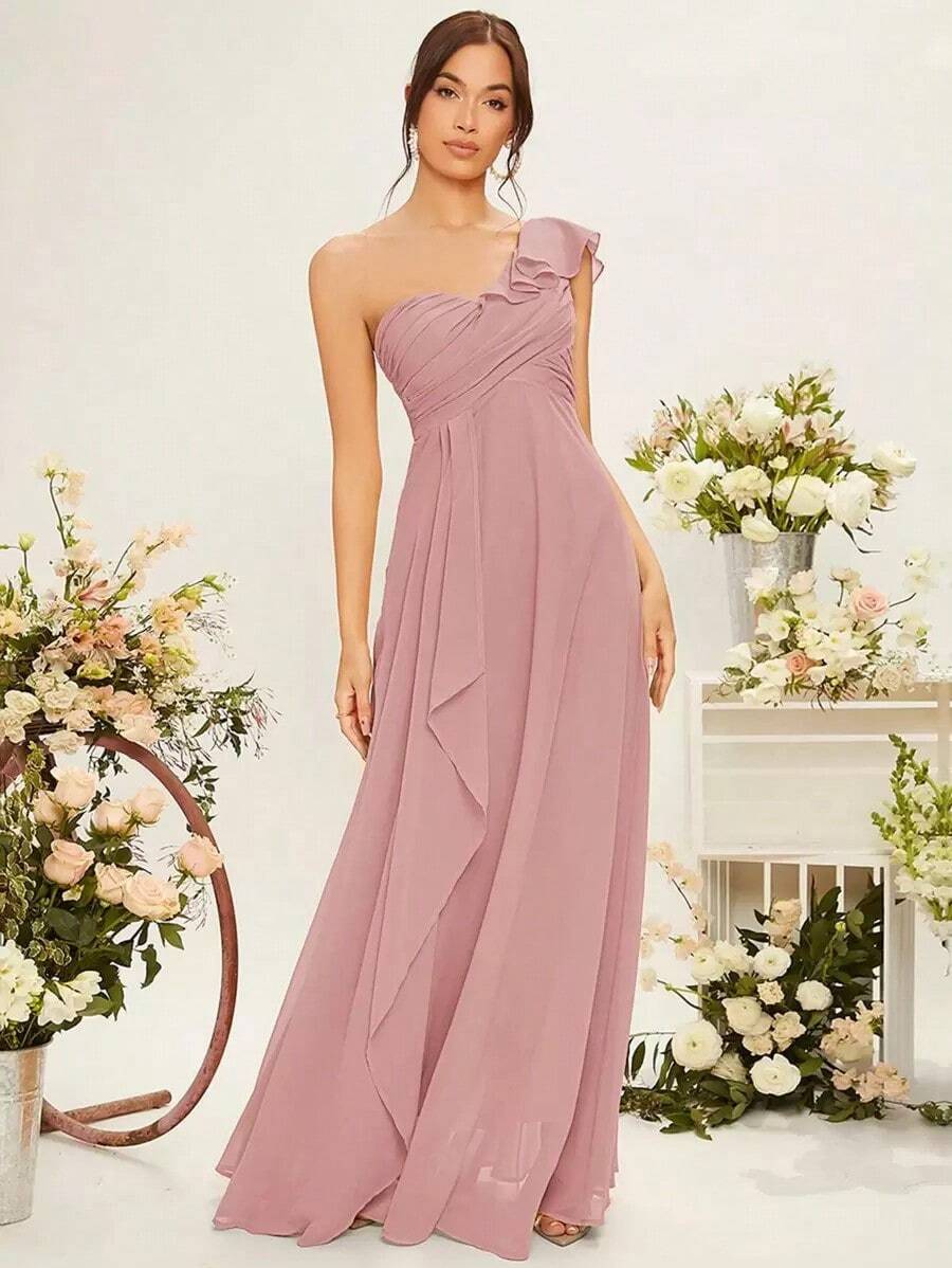 Vestido de dama de honor con un hombro y recorte de volantes, vestido elegante - Rosa vieja - Ver 1