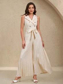 Mono plisado con diseño de chaleco cruzado elegante para mujer, color albaricoque, para primavera y otoño - Albaricoque - Ver 6