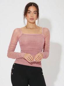 Top panel con malla fruncido brillante - Rosa - Ver 3