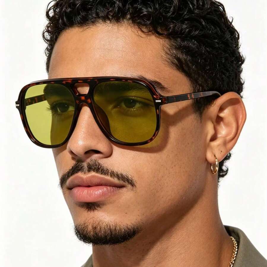 1 Pair Men's Leopard Print Aviator PC Frame Retro Personalized Double Bridge Fashionable Streetwear Fashion Glasses