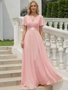 Vestido de dama de honor con cuello en V elegante, mangas con volantes y mariposa, color verde salvia, vestido de invitada de boda, vestido de primavera semi-formal para boda, fiesta de cumpleaños, graduación, Día de San Valentín - Rosa - Ver 8