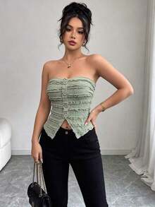 Top corto sin mangas con botones delanteros y estampado de pata de gallo, para uso en oficina o viajes, de moda para el verano - Verde - Ver 3