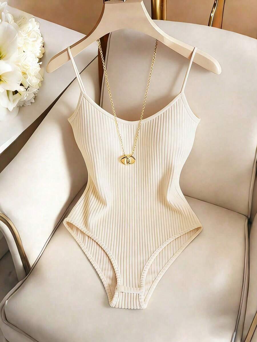 Body de unicolor con tirantes finos y sin mangas, acanalado, informal, para verano - Beis - Ver 1