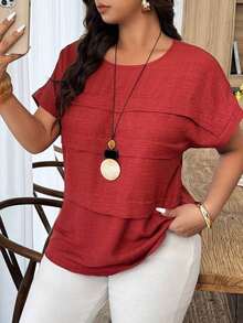 Blusa holgada de mujer talla grande con cuello redondo, mangas de murciélago y lunares en contraste, adecuada para uso diario y vacaciones, primavera/verano - Rojo - Ver 1