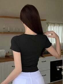 Camiseta de manga corta de canalé de ajuste ceñido con cuello redondo, crop tops para mujer - Negro - Ver 5