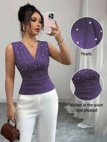 Camiseta de mujer elegante y romántica con perlas beige - Morado - Ver 7