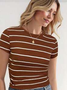 LUNE Conjunto deportivo de tiempo libre para atletismo, ciclismo, running, baloncesto - Camiseta casual cómoda de cuello redondo, ajustada, a rayas blancas y negras con recogido en la cintura, para mujer - Café integral - Ver 1