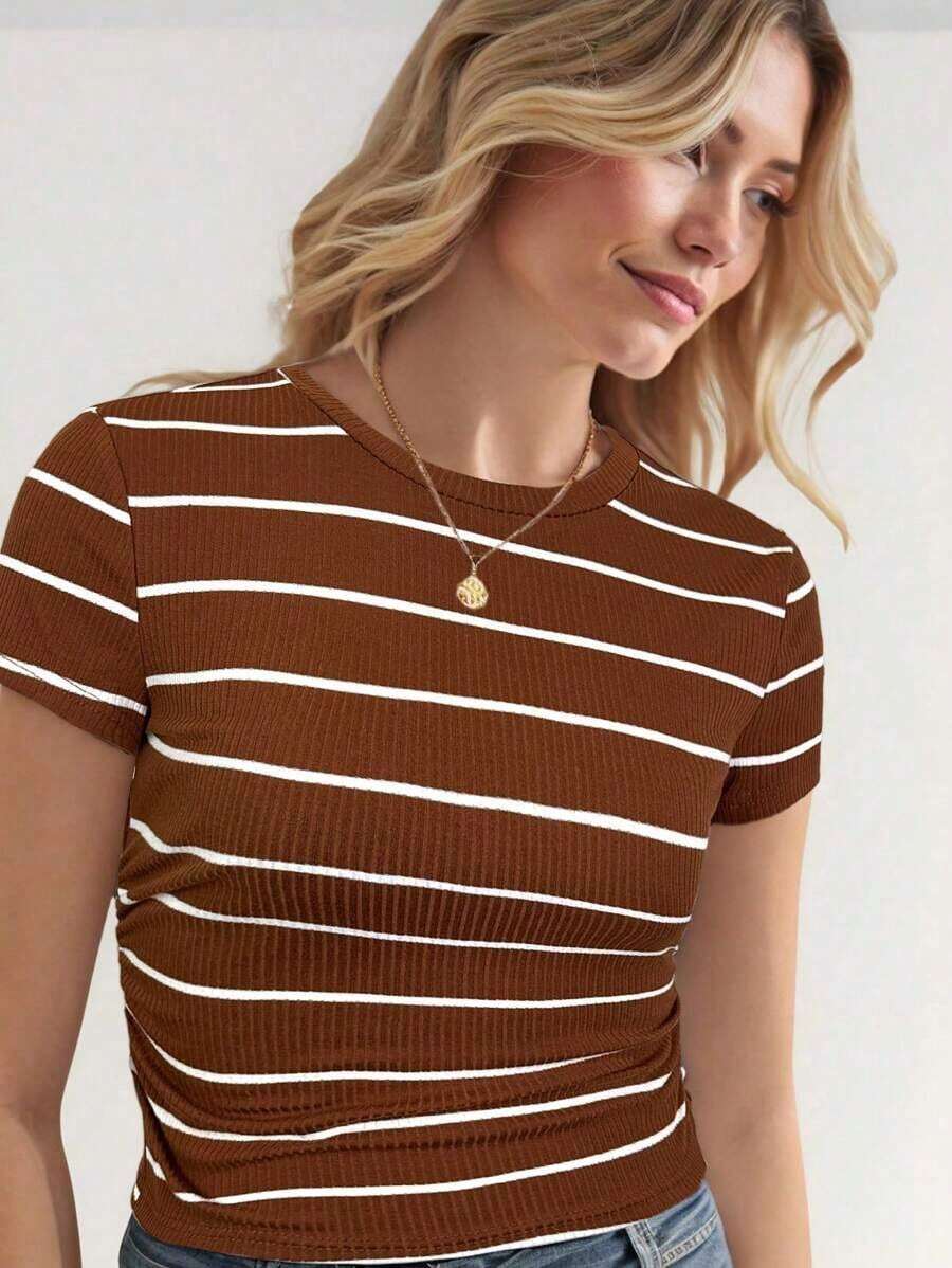 LUNE Conjunto deportivo de tiempo libre para atletismo, ciclismo, running, baloncesto - Camiseta casual cómoda de cuello redondo, ajustada, a rayas blancas y negras con recogido en la cintura, para mujer - Café integral - Ver 1