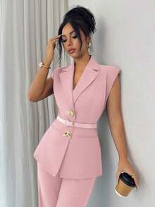 Conjunto de blazer de unicolor con decoración de hebilla metálica y bolsillo falso + pantalones rectos de cintura alta y sueltos, estilo vintage francés elegante para oficina, viajes, negocios, casual, citas, primavera/verano - Rosa - Ver 5