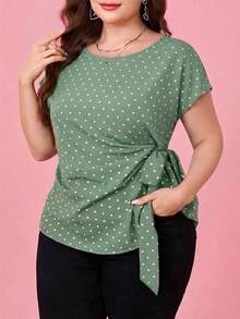 Camisa casual de manga corta con diseño plisado y teñido anudado para mujer de talla grande, adecuada para vacaciones, fiestas y salidas - Verde 2 - Ver 3