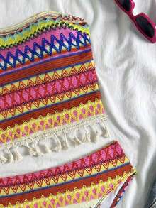 2 piezas Conjunto de bikini con camiseta de mujer, tela con textura a rayas de colores, decoración con flecos bohemios, estilo de resort de playa, adecuado para piscina y playa - Multicolor 2 - Ver 7