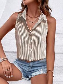 Blusa suelta de mujer casual de un solo botonadura a rayas azules y blancas sin mangas - Caqui - Ver 6