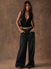 Top halter corto con espalda descubierta y nudo delantero, de tela texturizada y unicolor, para mujer, ideal para vacaciones en la playa - Negro 2 - Ver 5