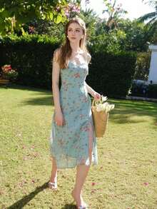 Vestido de tirantes con abertura lateral con estampado floral, blanco, elegante para vacaciones de verano - Verde - Ver 4