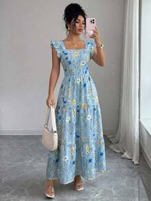 Women's Dress With A Square Neckline, Fitted Waist, And Flared Sleeves In A Multicolored Print. Elegant And Sophisticated, Suitable For Valentine's Day, Easter, Labor Day, Birthdays, Dates, Parties, Formal Occasions, Teacher Outfits, High-Vibe Looks, Travel And Vacations, Streetwear, Spring And Summer. - 彩色 - 查看 3