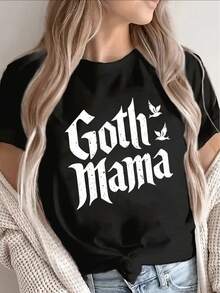 Camiseta de manga corta para mujer, estilo gótico negro, hecha de tela de alta calidad, adecuada para salidas informales, uso en casa o en cafeterías. El diseño ligero y duradero, combinado con letras blancas y detalles de hojas, es una opción ideal para el uso diario y para lucir un estilo moderno. Camiseta de manga corta cómoda y versátil. - Negro - Ver 6