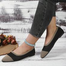 Sepatu Slip-On Wanita Berujung Lancip dengan Motif Garis-Garis Blok Warna yang Bernapas, Minimalis untuk Pakaian Sehari-hari, Sepatu Loafer Rajut Hitam & Khaki, Cocok untuk Semua Musim - Hitam - View 5