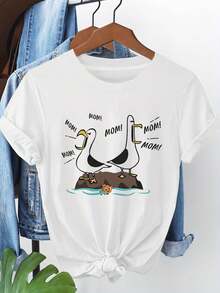 Camiseta casual de manga corta y cuello redondo para mujer con estampado gráfico "Mom Humor Seagull Mom", para primavera - verano, estilo diario, salida diaria, regalo de festividades - Blanco - Ver 7