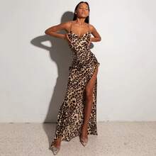 Vestido sin mangas de leopardo con abertura y espalda descubierta para mujer, Vestidos de tirantes finos, camisola ajustada de cintura alta Sexy a la moda, Vestidos de fiesta - Negro - Ver 2