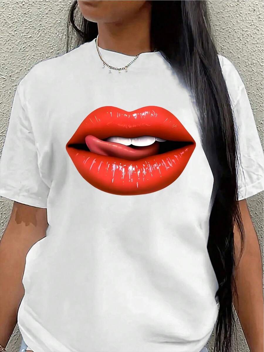 Polyester Short-Sleeved T-Shirt, Adorned With A Striking Red Lip Print, Lightweight And Durable, Suitable For Casual Wear At Restaurants Or At Home, Comfortable And Fitted For Everyday Wear, With A Stylish Design, Perfect For Complementing Feminine Outfits. Women's Shirts - 白色 - 查看 1
