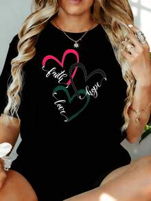 Camiseta con Estampado de Corazón "Fe Esperanza Amor" para Mujer, Estilo Casual Oversize, Suave y Cómoda para Uso Diario, 220g, para Ocio en Casa, Aire Libre, Regalo para el Día de San Valentín o Fiesta - Negro - Ver 1