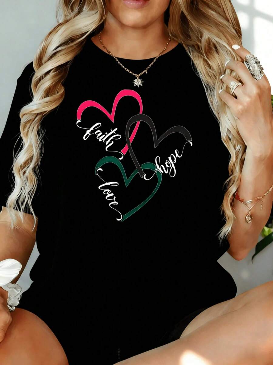 Camiseta con Estampado de Corazón "Fe Esperanza Amor" para Mujer, Estilo Casual Oversize, Suave y Cómoda para Uso Diario, 220g, para Ocio en Casa, Aire Libre, Regalo para el Día de San Valentín o Fiesta - Negro - Ver 1