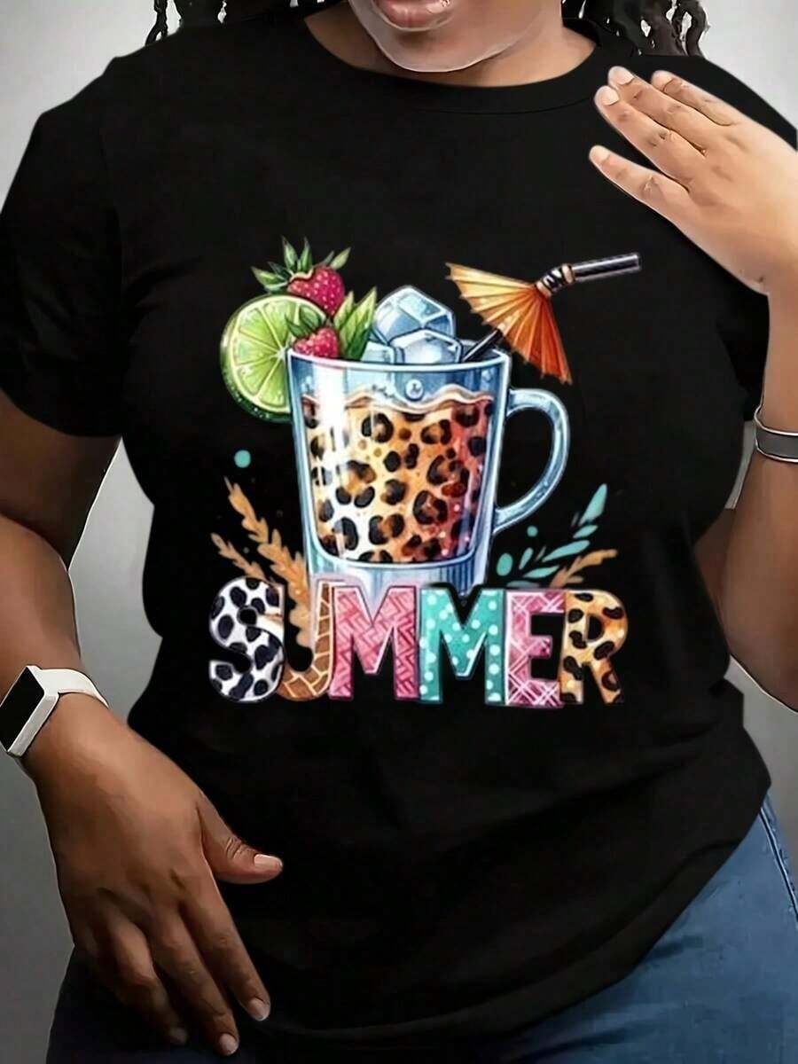 Camiseta genial, camiseta casual de verano con diseño de estampado de leopardo y frutas tropicales, y gráfico de sombrilla para fiestas en la playa y conjuntos para climas cálidos. - Negro - Ver 1