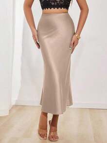 Falda en A de satén elegante y versátil para mujer - Albaricoque - Ver 6