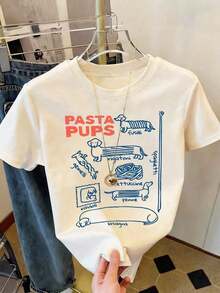Soft Camiseta de mujer de manga corta y cuello redondo con estampado de perro con pasta, de alta elasticidad y estándar, cómoda camiseta casual de salchicha italiana, adecuada para uso en verano, color blanco pattern - Albaricoque - Ver 1