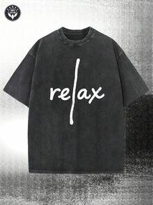 1 pieza de tela premium de 230g con estampado Batik, camiseta negra de manga corta de corte holgado, con un estilo vintage descolorido, con la palabra "Relax" (con la 'L' diseñada como una línea recta) escrita en blanco en la parte delantera, 100% algodón de 180g. - Negro - Ver 6