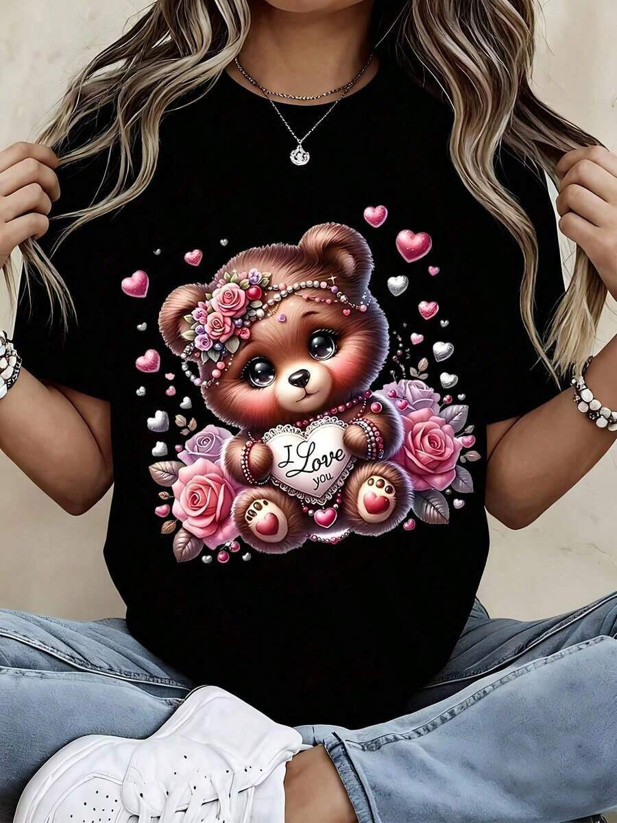 Camiseta con Estampado de Oso y Corazón, Diseño Floral Negro con Oso Sosteniendo un Corazón con la Frase "I Love You", Regalo Romántico para el Día de San Valentín para Mujeres, Ropa Casual - Estilo Vintage Urbano, Unisex, Camiseta de Manga Corta de Algodón Holgada con Cuello Redondo. blusas.blusas casuales para dama.Impresión de osos cariñosos.Camiseta estampada Impresión de osos cariñosos. - Negro - Ver 1