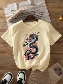 Camiseta casual de manga corta para mujer, con estampado de flor de cerezo y dragón negro, top casual de cuello redondo, adecuada para usar en primavera y verano, ropa de mujer. - Albaricoque - Ver 1