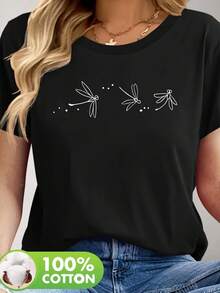 Women's Black Cotton Casual T-Shirt, Sporty And Casual Style - White Butterfly And Dragonfly Print, Soft And Breathable, Loose Fit, Round Neck, Short Sleeve, Machine Washable, Suitable For Outdoor Sports In Spring And Summer And Daily Wear, Comfortable Fabric Printed T-Shirt, Casual Clothing, Moisture-Wicking Sportswear. - 黑色 - 查看 7