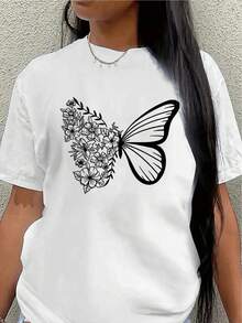 Lightweight And Durable Short-Sleeved T-Shirt, Designed With A Butterfly And Flower Print, Perfect For Lounging At Home, Restaurants, Or Outdoor Activities. Women's Blouses > Clothing - 白色 - 查看 1