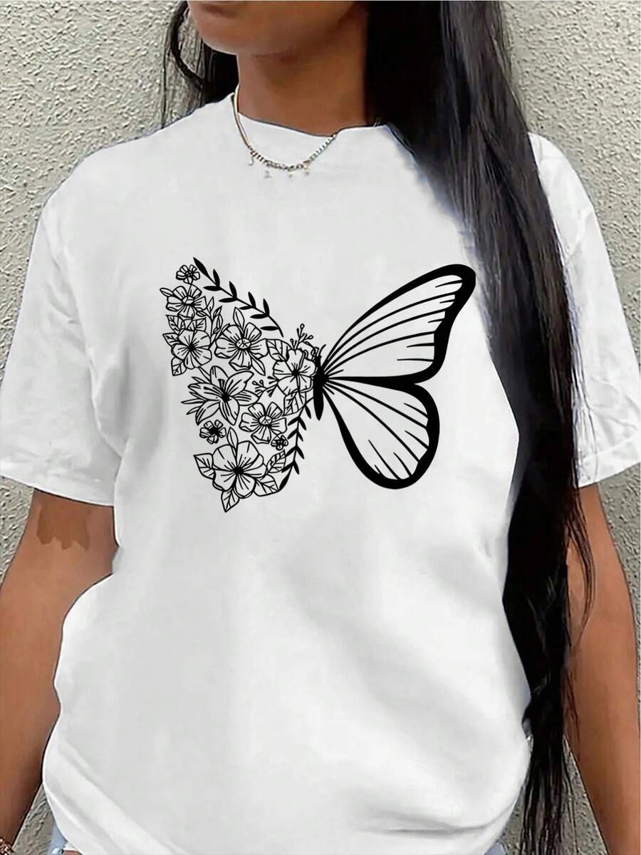 Lightweight And Durable Short-Sleeved T-Shirt, Designed With A Butterfly And Flower Print, Perfect For Lounging At Home, Restaurants, Or Outdoor Activities. Women's Blouses > Clothing - 白色 - 查看 1