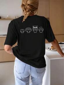 Fashionable Short-Sleeved T-Shirt With Double-Sided Dental Print, Casual Round Neck Short-Sleeved T-Shirt, Women's Clothing. - 黑色 - 查看 2